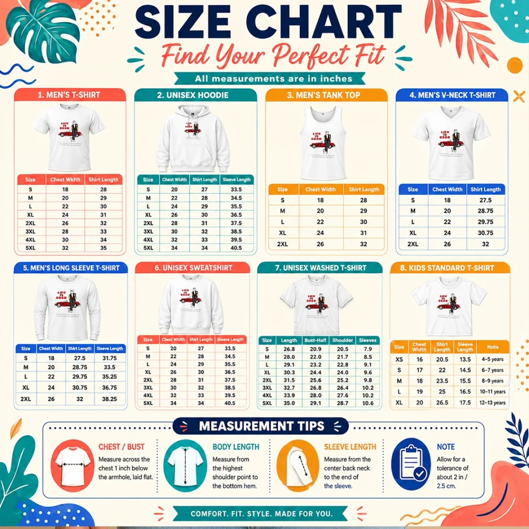 hot-ferris-bueller-life-is-good-life-moves-pretty-fast-if-you-do-not-stop-size-chart Size chart for Hot Ferris Bueller Life Is Good Life Moves Pretty Fast If You Do Not Stop with measurements in inches and cm