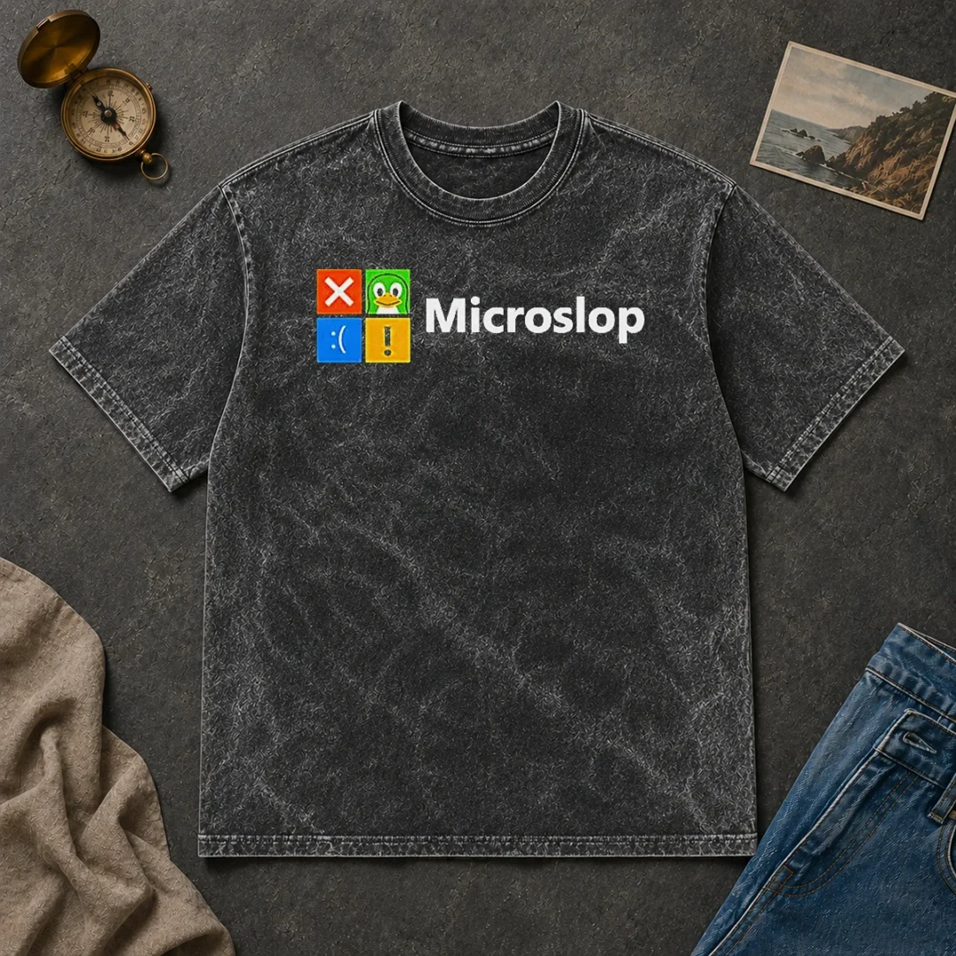 Hot Funny Microslop Logo Parody Washed T Shirt Hot Funny Microslop Logo Parody Washed T-Shirt
