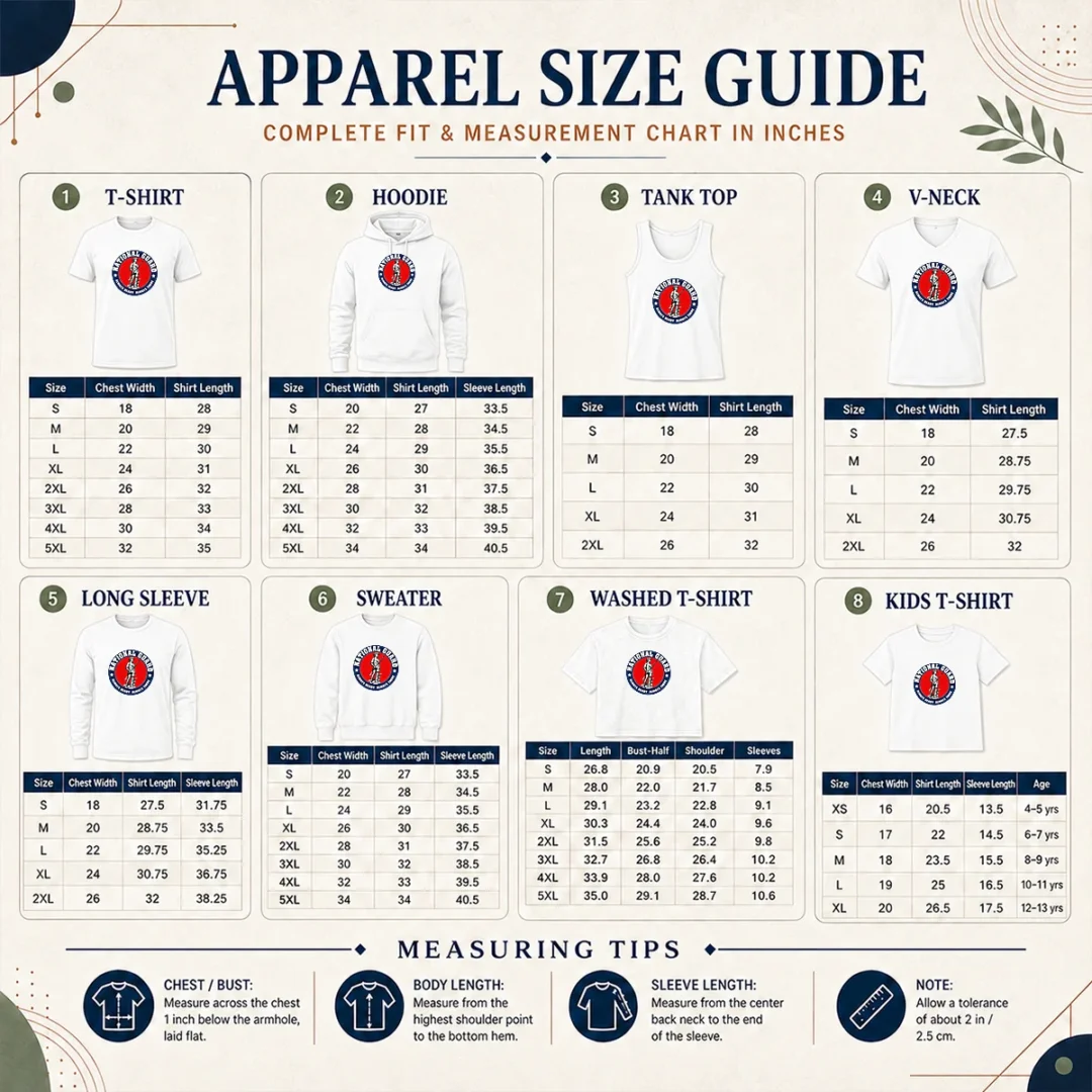 Hot Funny National Guard Always Ready Always There Size Chart Size chart for Hot Funny National Guard Always Ready Always There with measurements in inches and cm