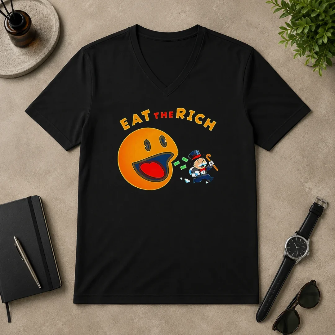 Hot Funny Pac Man Eat The Rich V Neck Shirt Hot Funny Pac Man Eat The Rich V-Neck Shirt