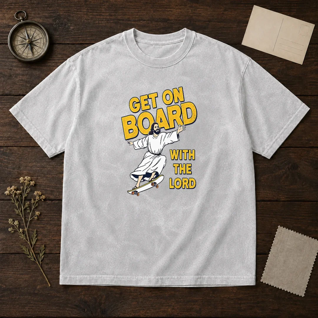 hot-get-on-board-with-the-lord-skateboarding-washed-t-shirt Hot Get On Board With The Lord Skateboarding washed t shirt in a soft faded color with short sleeves