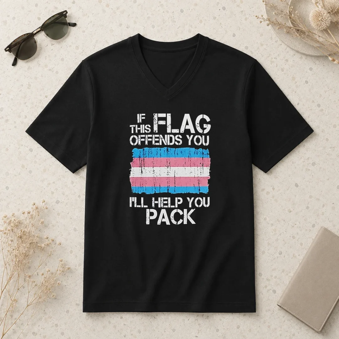 hot-if-this-flag-offends-you-i-will-help-you-pack-transgender-pride-v-neck-shirt Hot If This Flag Offends You I Will Help You Pack Transgender Pride V Neck Shirt in light blue with bold white and pink text