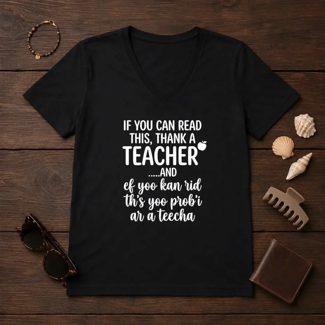 hot-if-you-can-read-this-thank-a-teacher-and-ef-yoo-kan-rid-ths-yoo-probi-ar-a-teecha-v-neck-shirt Hot If You Can Read This Thank A Teacher And Ef Yoo Kan Rid Ths Yoo Probi Ar A Teecha V Neck Shirt in black with white text