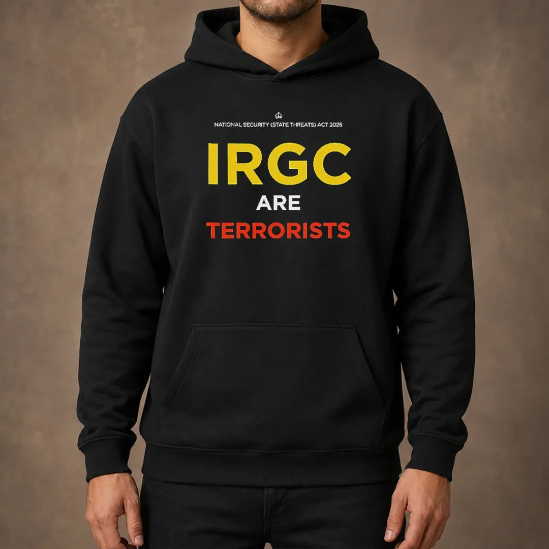 hot-irgc-are-terrorists-national-security-state-threats-act-2026-hoodie Hot IRGC Are Terrorists National Security State Threats Act 2026 Hoodie in black, front view with bold white text graphic