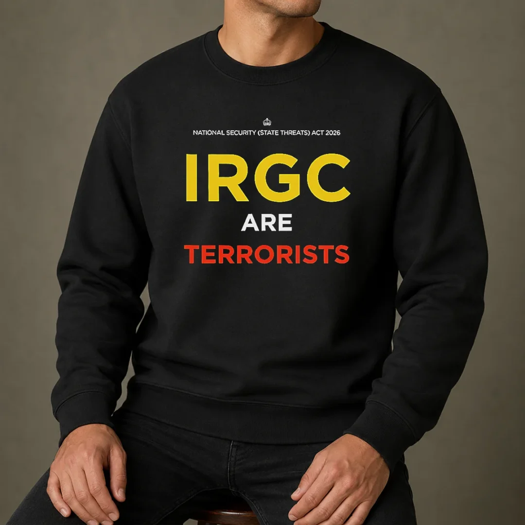 hot-irgc-are-terrorists-national-security-state-threats-act-2026-sweater Hot IRGC Are Terrorists National Security State Threats Act 2026 Sweater in charcoal gray, front view with bold white text