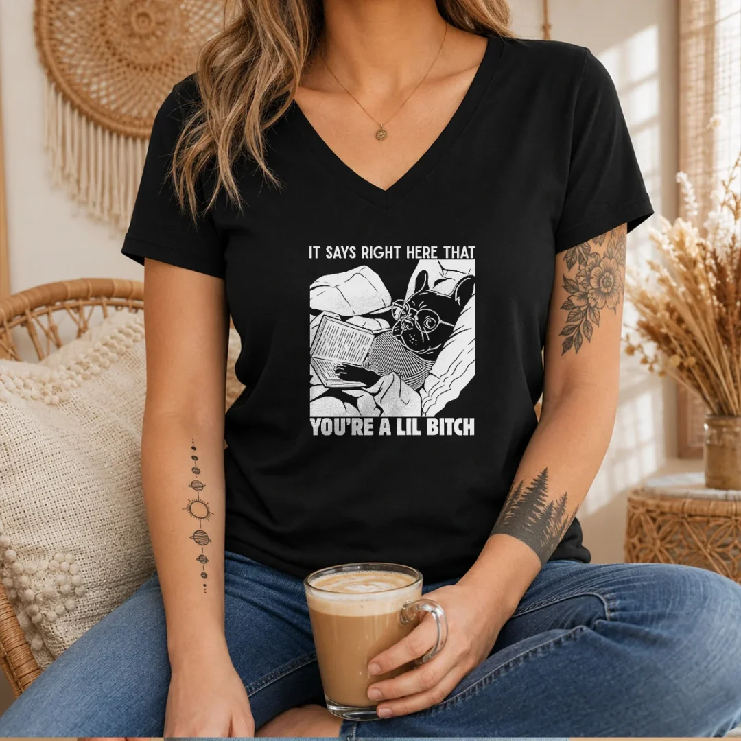 hot-it-says-right-here-that-you-re-a-lil-bitch-v-neck-shirt Hot It Says Right Here That You'Re A Lil Bitch V Neck Shirt in black with bold white text on chest