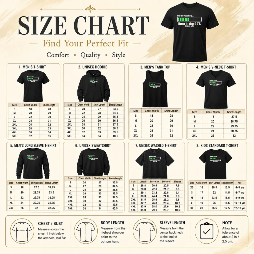 Hot Memory Loading Size Chart Hot Memory Loading size chart showing garment measurements in inches and cm for accurate sizing