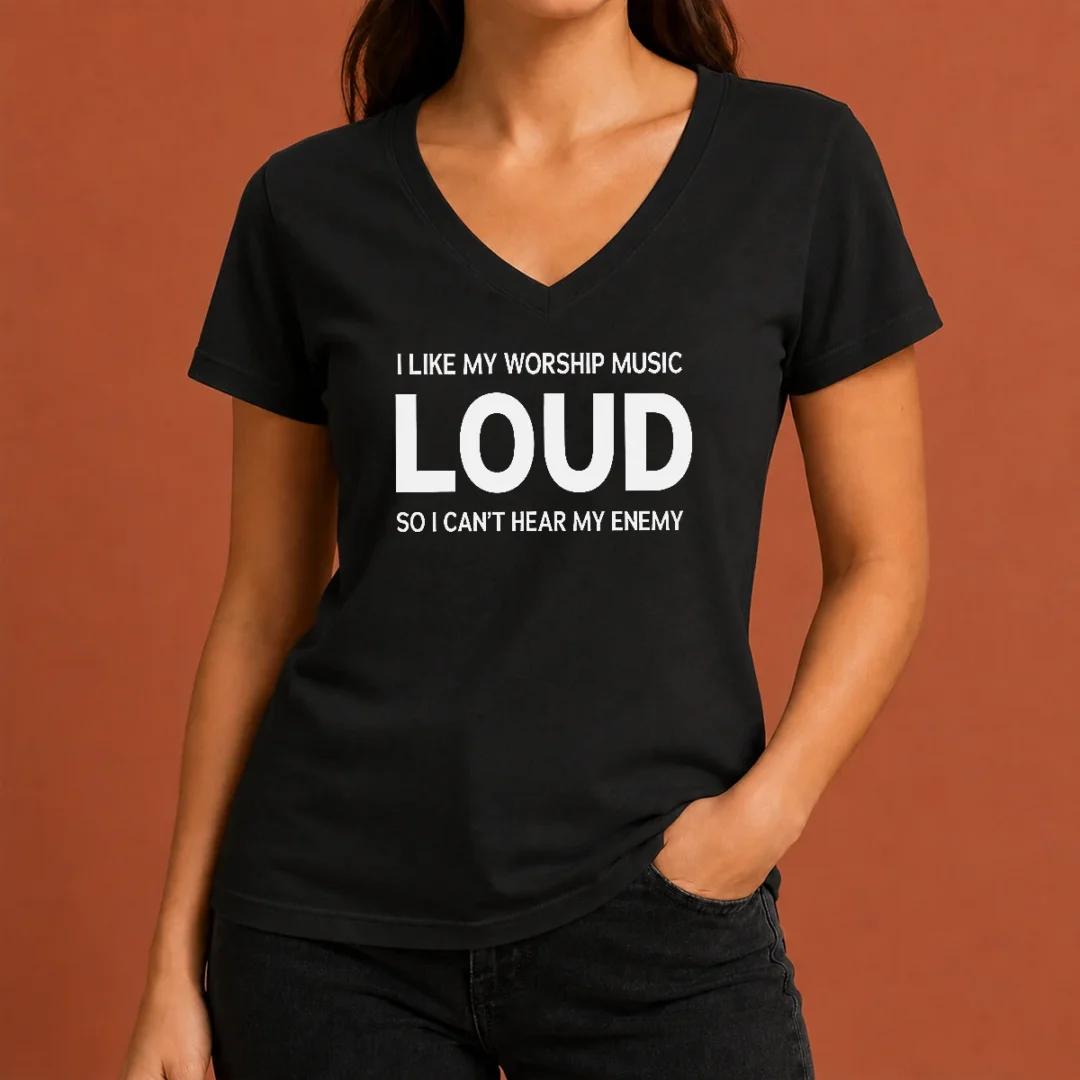 hot-nice-i-like-my-worship-music-loud-so-i-can-t-hear-my-enemy-v-neck-shirt Hot Nice I Like My Worship Music Loud So I Can'T Hear My Enemy V Neck Shirt in black, soft cotton fabric with short sleeves
