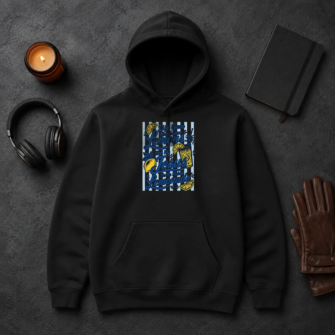 Hot Nice Life Gave Me Lemons Jesus Makes Lemonade Black Hoodie Hot Nice Life Gave Me Lemons Jesus Makes Lemonade Black Hoodie front view with bold white and yellow text design
