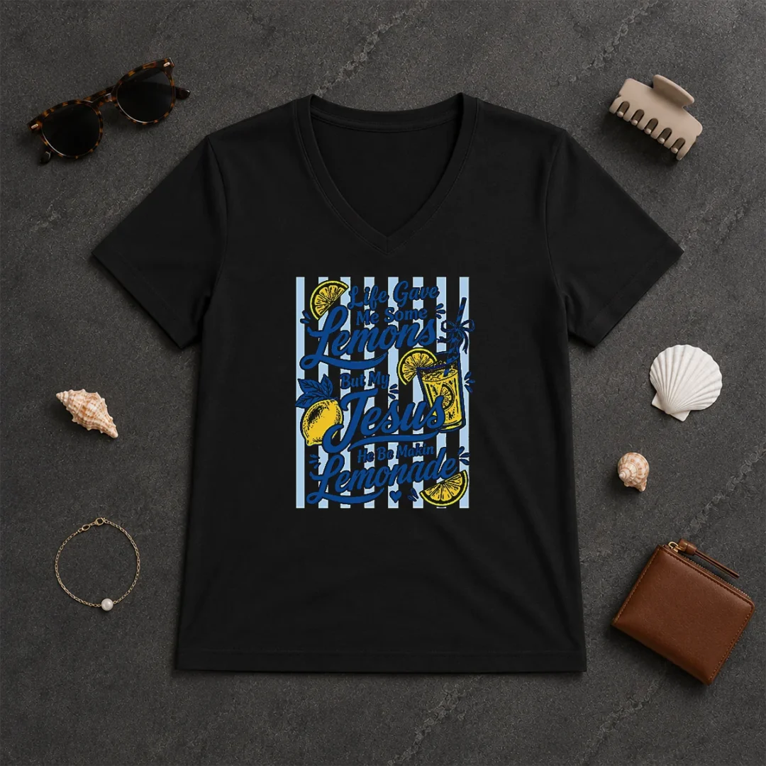 Hot Nice Life Gave Me Lemons Jesus Makes Lemonade Black V Neck Shirt Hot Nice Life Gave Me Lemons Jesus Makes Lemonade Black V-Neck Shirt