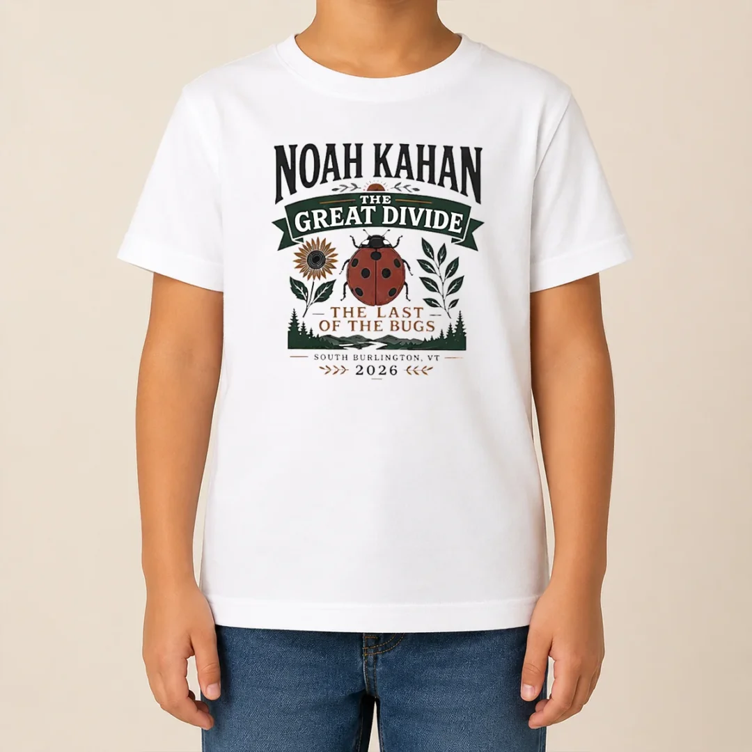 Hot Noah Kahan The Great Divide The Last Of The Bugs South Burlington 2026 Kids T Shirt Hot Noah Kahan The Great Divide The Last Of The Bugs South Burlington 2026 kids t shirt in white, short sleeve cotton tee for children