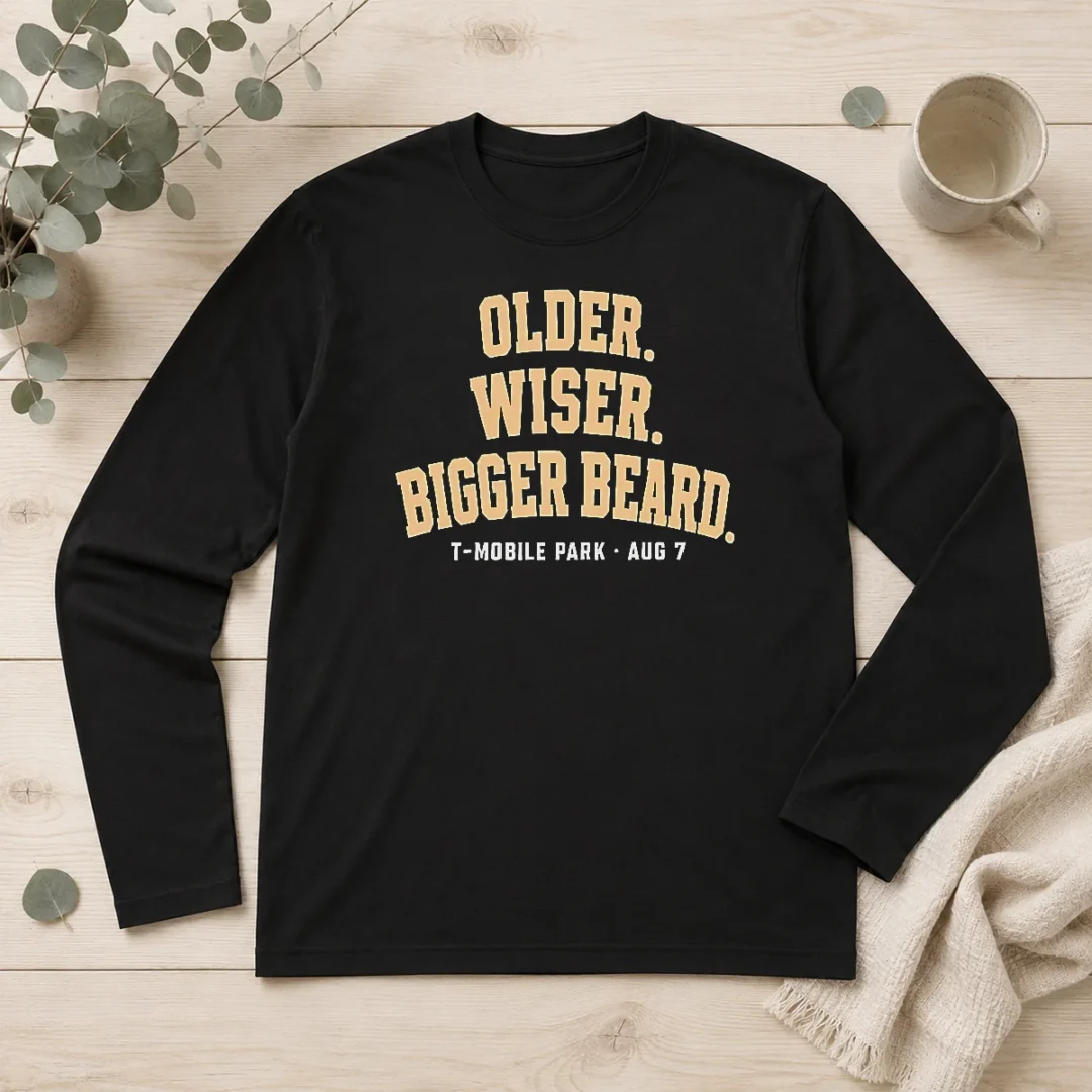 hot-older-wiser-bigger-beard-t-mobile-park-aug-7-long-sleeve-shirt Hot Older Wiser Bigger Beard T Mobile Park Aug 7 long sleeve shirt in dark color, front view