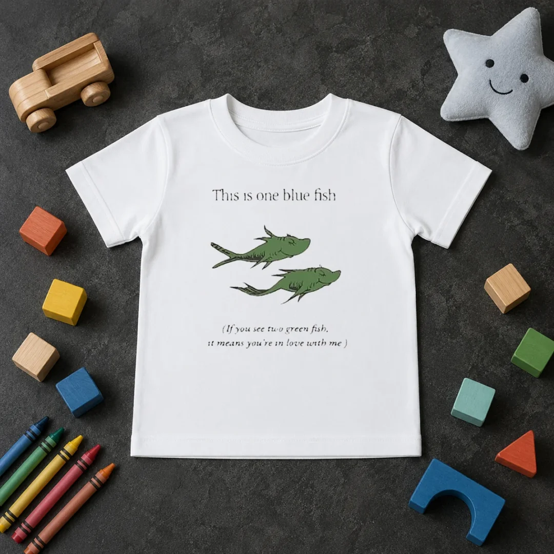 Hot Original Dr Seuss Parody One Blue Fish Two Green Fish Love Meme Yellow Graphic Kids T Shirt Hot Original Dr Seuss Parody One Blue Fish Two Green Fish Love Meme Yellow Graphic Kids T-Shirt