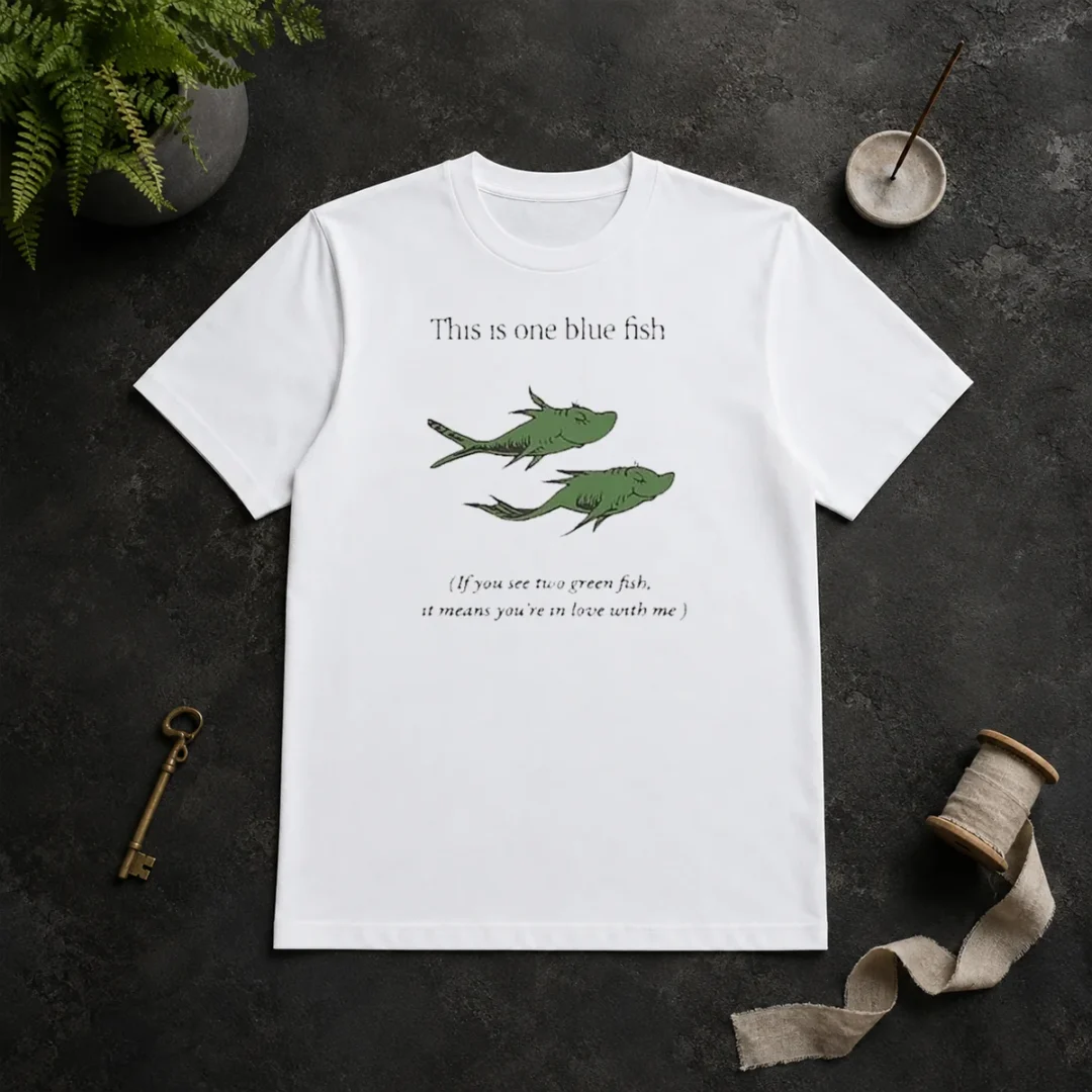 Hot Original Dr Seuss Parody One Blue Fish Two Green Fish Love Meme Yellow Graphic T Shirt Hot Original Dr Seuss Parody One Blue Fish Two Green Fish Love Meme Yellow Graphic t shirt in bright yellow color with bold print