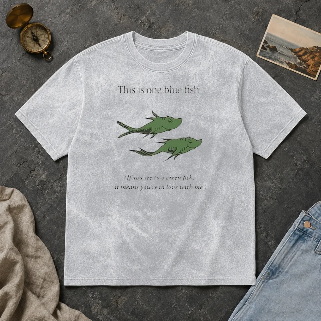 Hot Original Dr Seuss Parody One Blue Fish Two Green Fish Love Meme Yellow Graphic Washed T Shirt Hot Original Dr Seuss Parody One Blue Fish Two Green Fish Love Meme Yellow Graphic Washed T-Shirt