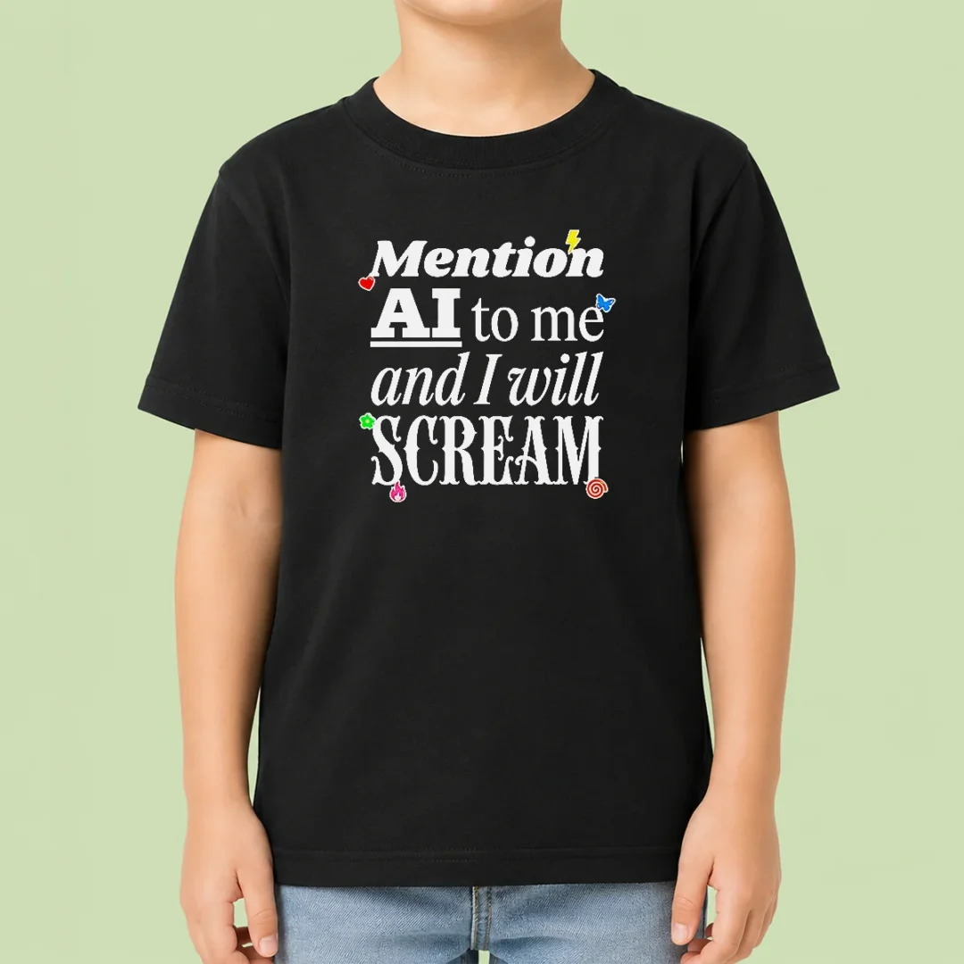 hot-original-mention-ai-to-me-and-i-will-scream-anti-artificial-intelligence-protest-kids-t-shirt Hot Original Mention AI To Me And I Will Scream Anti Artificial Intelligence Protest Kids T Shirt in navy blue with bold white text