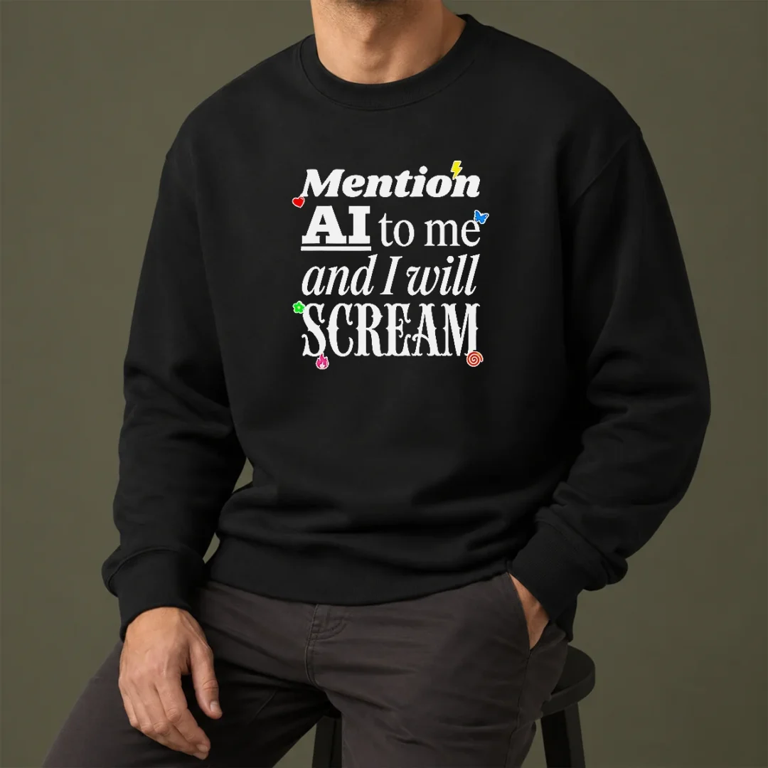 hot-original-mention-ai-to-me-and-i-will-scream-anti-artificial-intelligence-protest-sweater Hot Original Mention AI To Me And I Will Scream Anti Artificial Intelligence Protest Sweater in charcoal grey, crewneck style