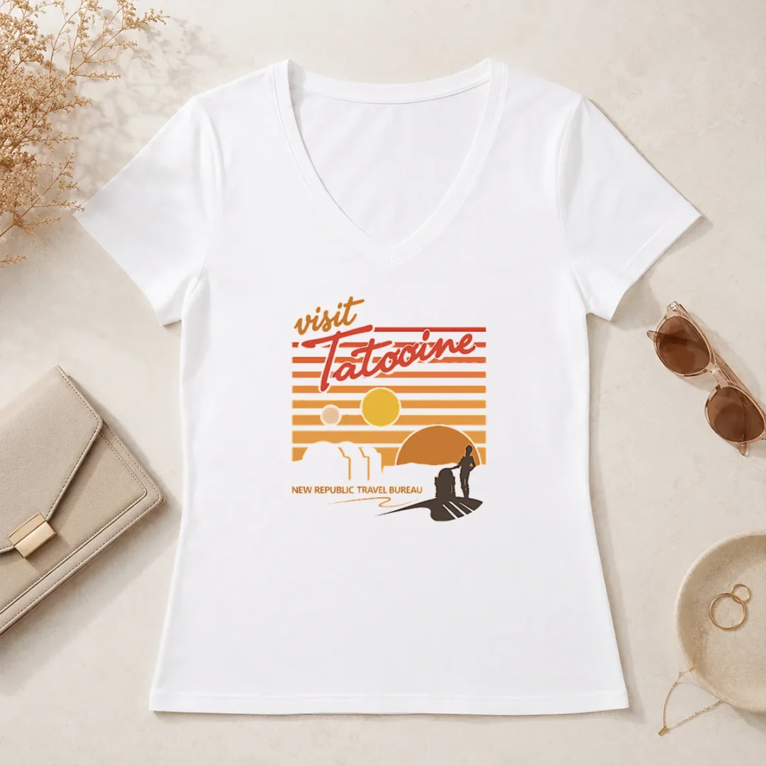Hot Original Visit Tatooine Travel Bureau V Neck Shirt Hot Original Visit Tatooine Travel Bureau V Neck Shirt in black with white graphic print