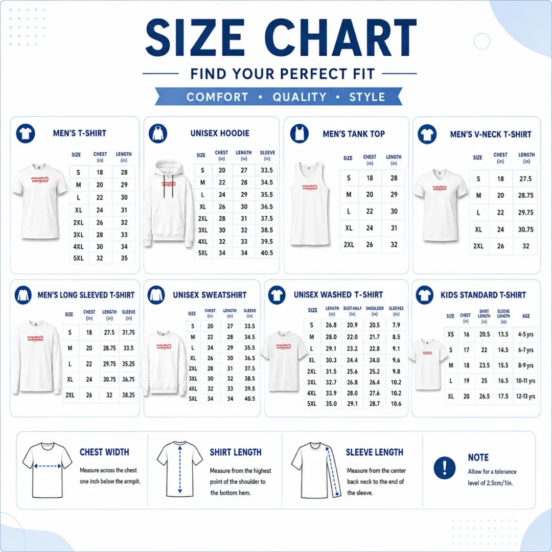 hot-overworked-and-underfcked-spicy-thoughts-text-print-funny-sarcastic-quote-size-chart Size chart for Hot Overworked And Underfcked Spicy Thoughts shirt with measurements in inches and cm