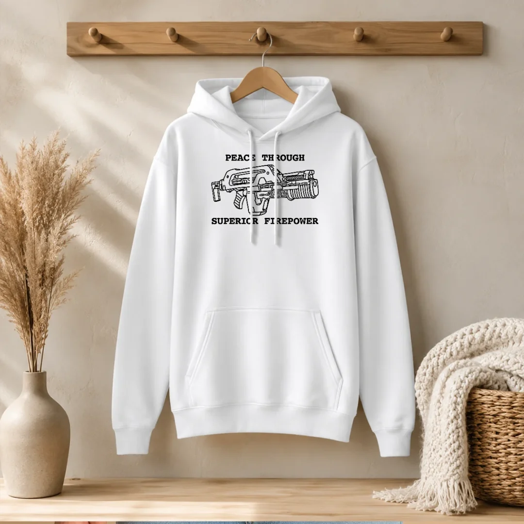 hot-peace-through-superior-firepower-hoodie-1 Hot Peace Through Superior Firepower Hoodie in black with front graphic design and adjustable drawstring hood
