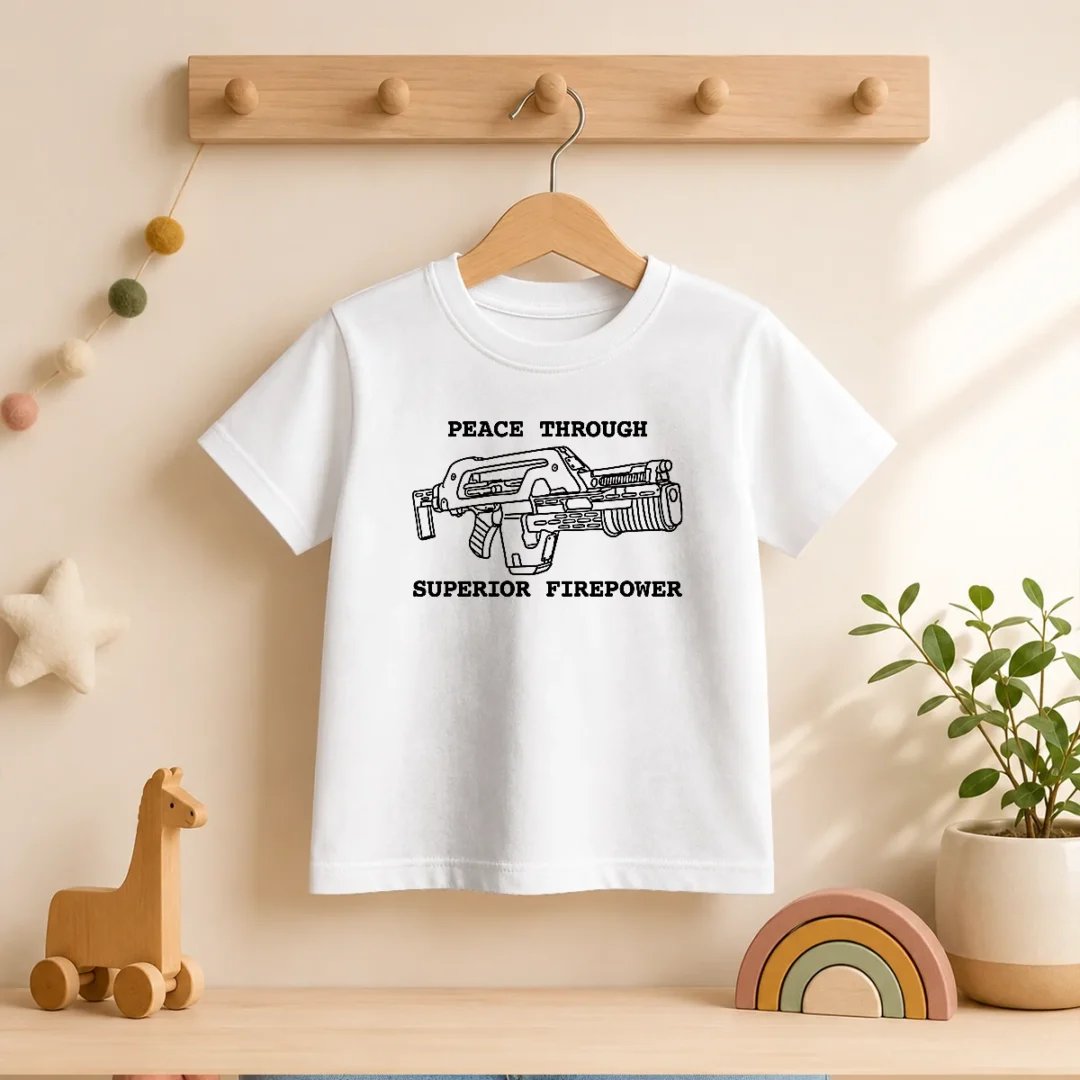 hot-peace-through-superior-firepower-kids-t-shirt Hot Peace Through Superior Firepower Kids T-Shirt