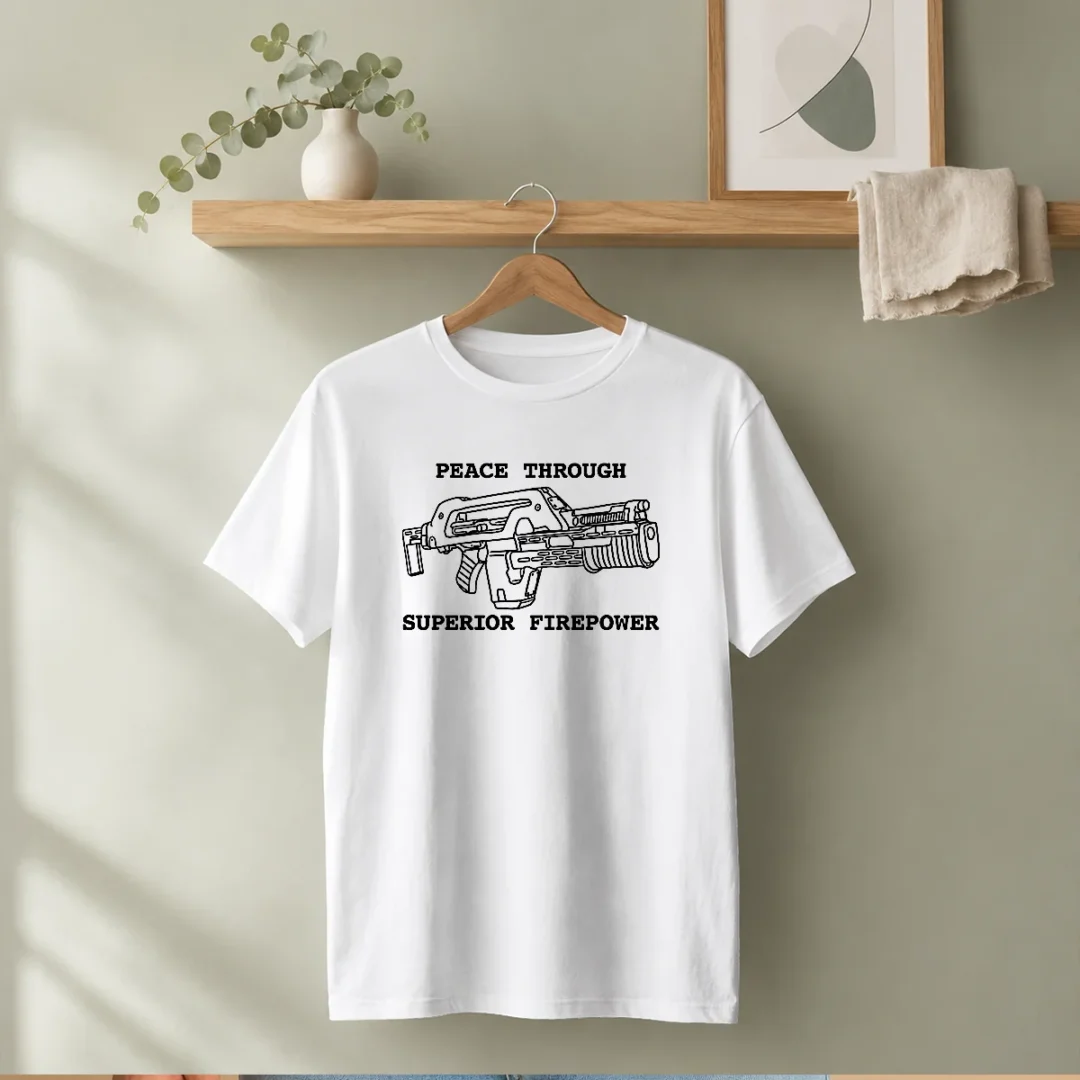 hot-peace-through-superior-firepower-t-shirt Hot Peace Through Superior Firepower t shirt in classic fit with bold graphic print on front