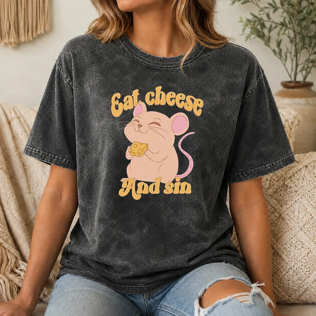 Hot Premium Eat Cheese And Sin Mouse Washed T Shirt Hot Premium Eat Cheese And Sin Mouse Washed T-Shirt