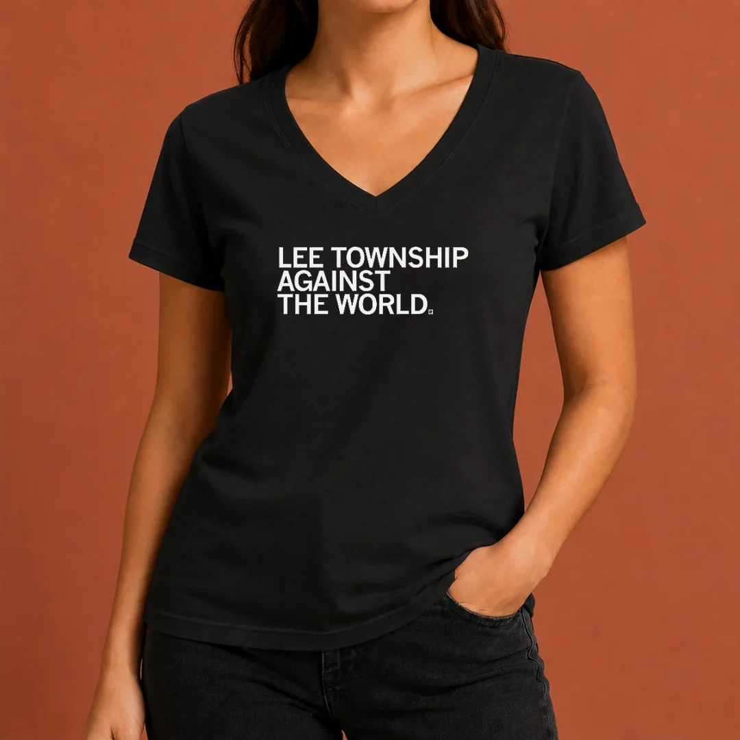 hot-premium-lee-township-against-the-world-v-neck-shirt Hot Premium Lee Township Against The World V Neck Shirt in charcoal gray with bold graphic print