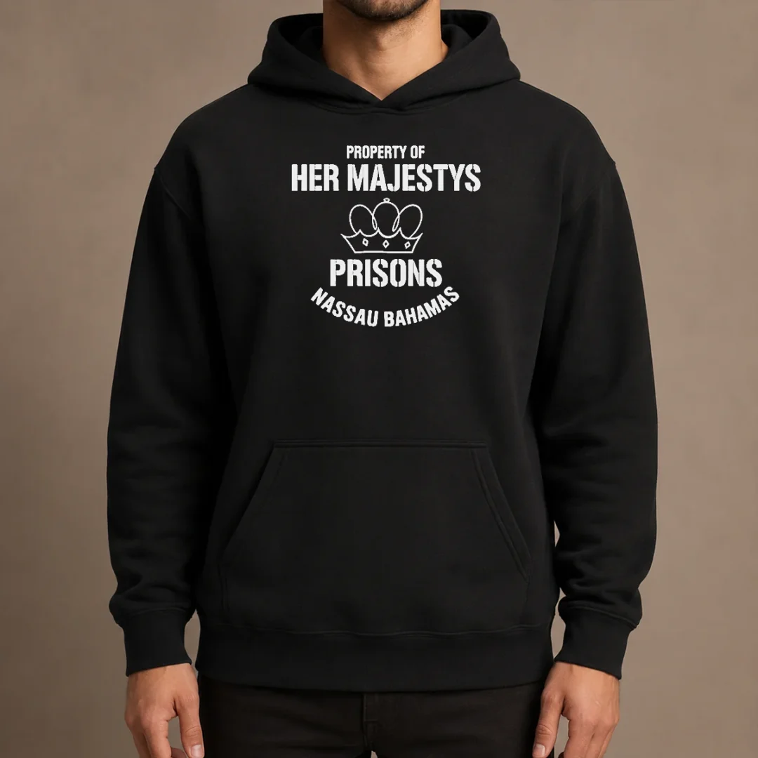 hot-premium-property-of-her-majestys-prisons-nassau-bahamas-hoodie Hot Premium Property Of Her Majestys Prisons Nassau Bahamas Hoodie in black, front view with kangaroo pocket and drawstring hood
