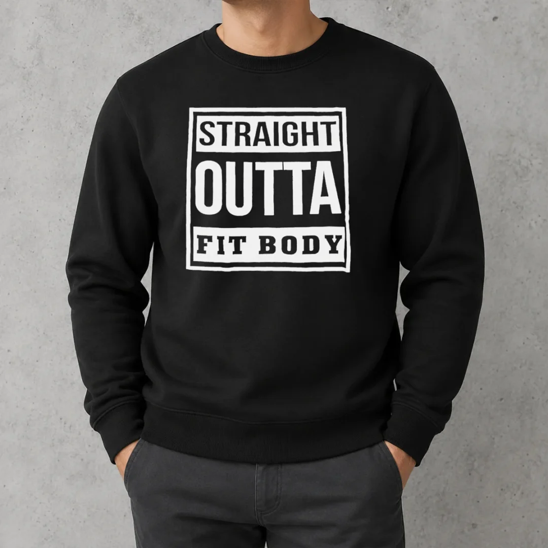 hot-premium-straight-outta-fit-body-parody-pop-quote-sweater Hot Premium Straight Outta Fit Body Parody Pop Quote Sweater in black, featuring bold white text on the front