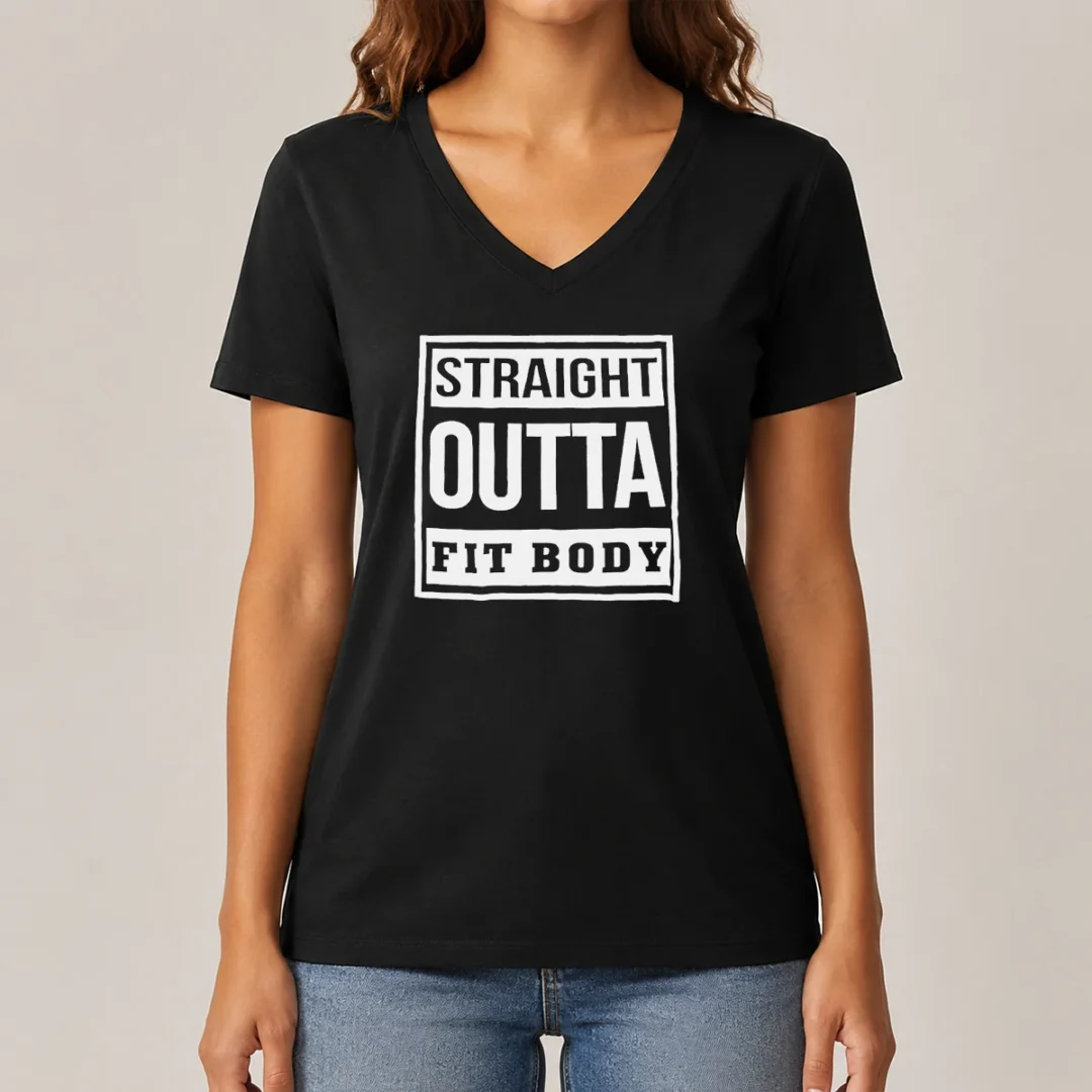 hot-premium-straight-outta-fit-body-parody-pop-quote-v-neck-shirt Hot Premium Straight Outta Fit Body Parody Pop Quote V Neck Shirt in black with white bold text design