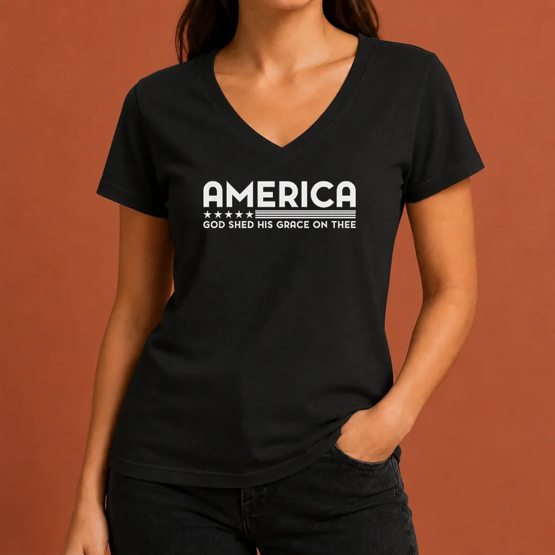 hot-pretty-god-shed-his-grace-on-thee-v-neck Hot Pretty God Shed His Grace On Thee V Neck Shirt in black with white text design, soft fabric, short sleeves, and fitted cut