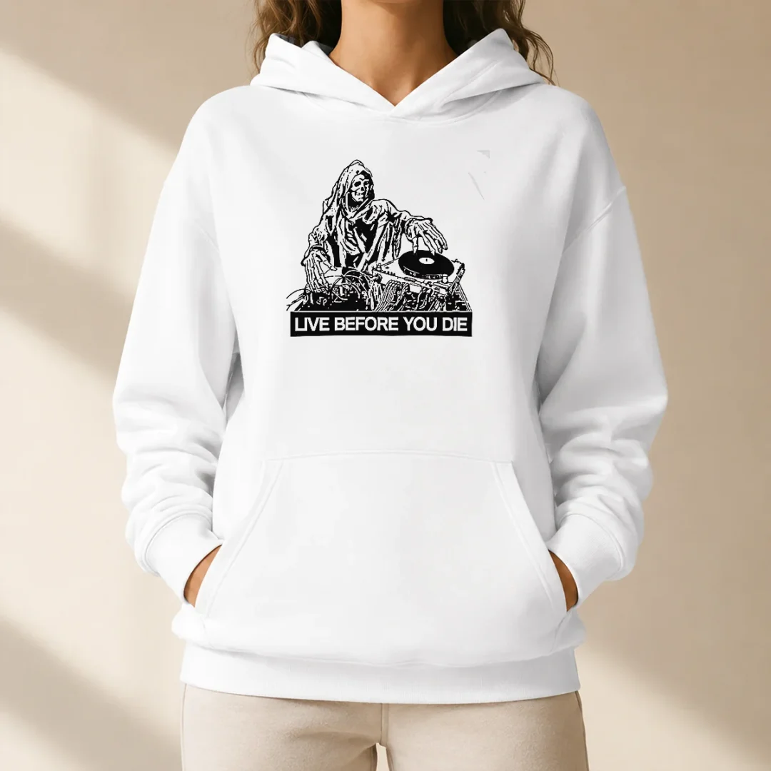 hot-pretty-grim-reaper-dj-live-before-you-die-hoodie Hot Pretty Grim Reaper DJ Live Before You Die Hoodie featuring a graphic of a DJ Grim Reaper on a black pullover hoodie