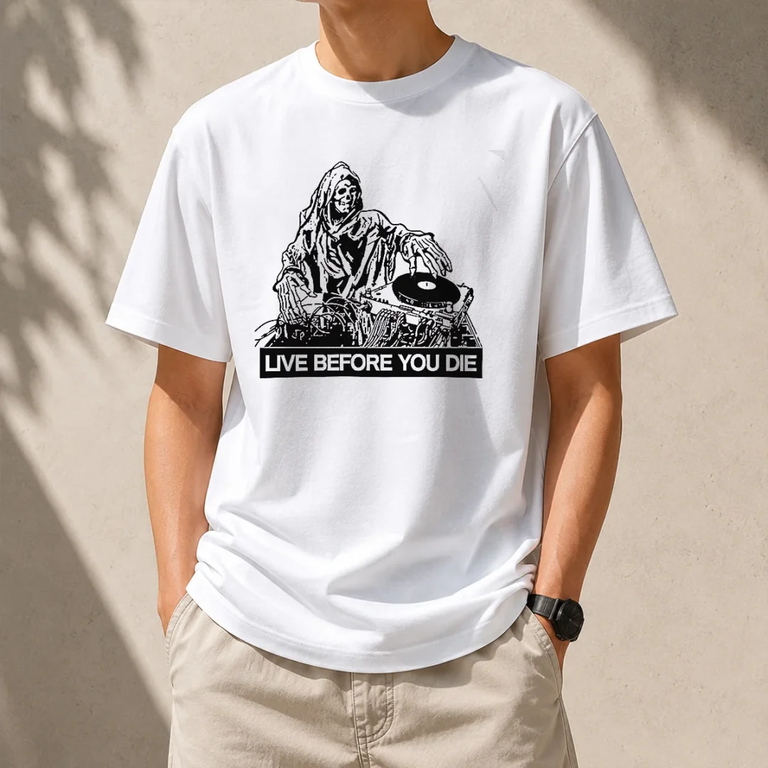 hot-pretty-grim-reaper-dj-live-before-you-die-t-shirt-1 Hot Pretty Grim Reaper DJ Live Before You Die t shirt in black, featuring a graphic of a grim reaper DJ on a classic crew neck tee