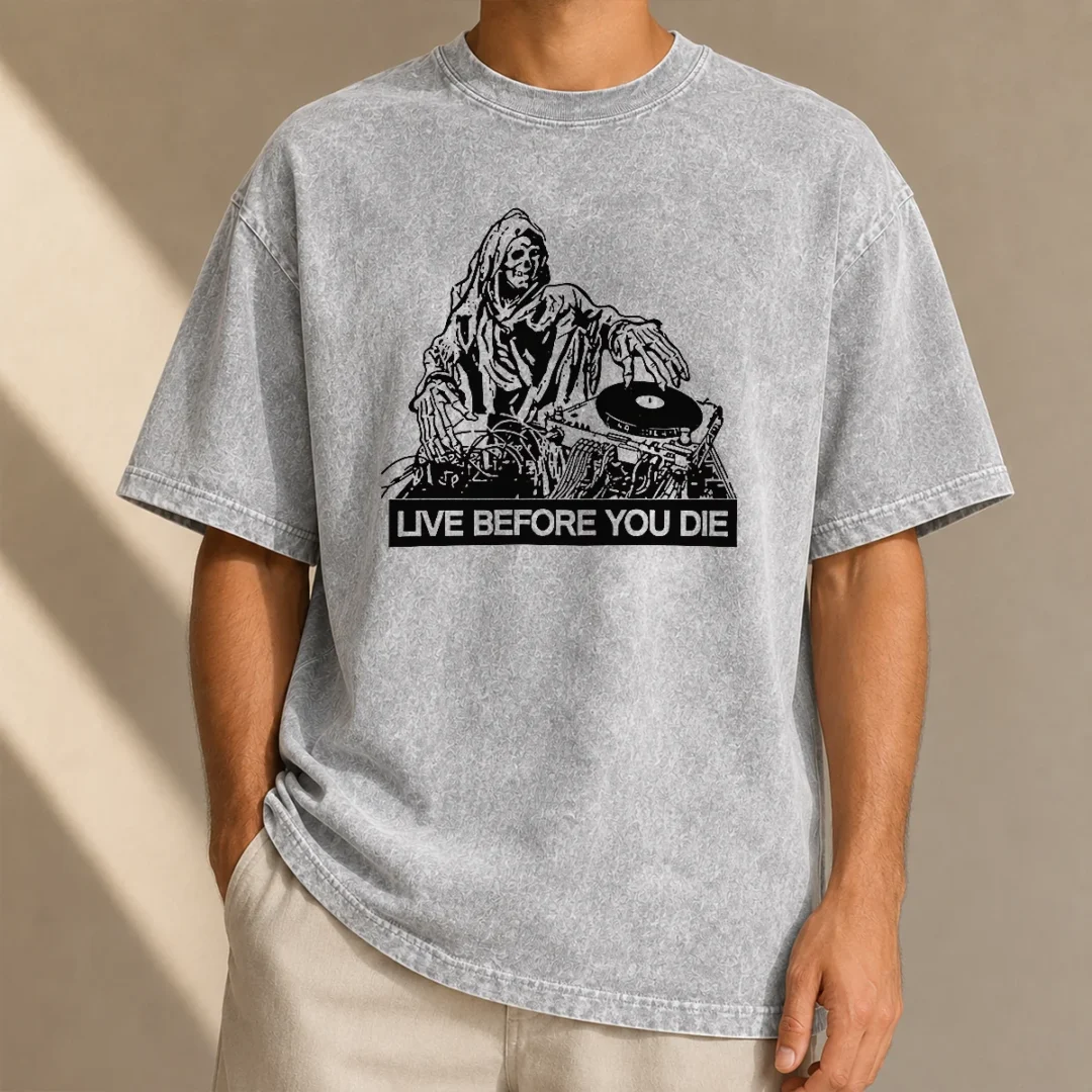 hot-pretty-grim-reaper-dj-live-before-you-die-washed-t-shirt Hot Pretty Grim Reaper DJ Live Before You Die washed t shirt showing front print on soft cotton fabric