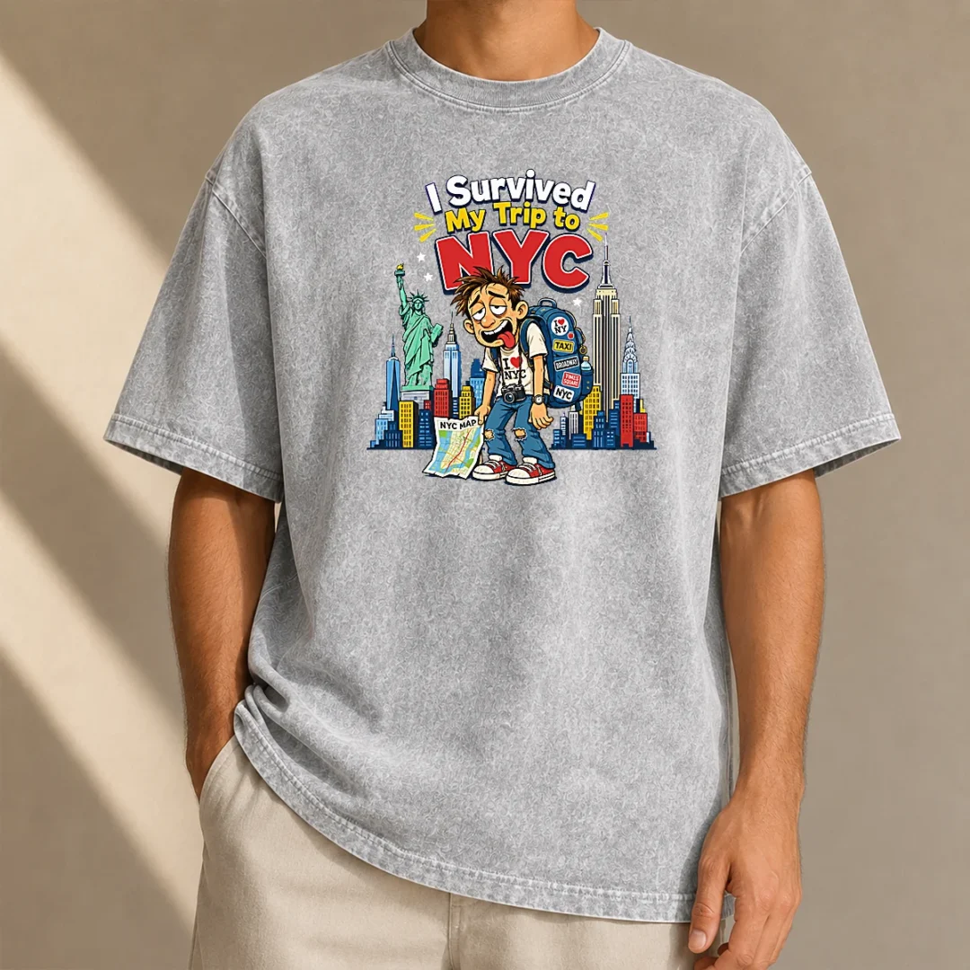 hot-pretty-nyc-trip-survivor-vector-washed-t-shirt Hot Pretty NYC Trip Survivor Vector printed on a soft washed t shirt in light gray, front view
