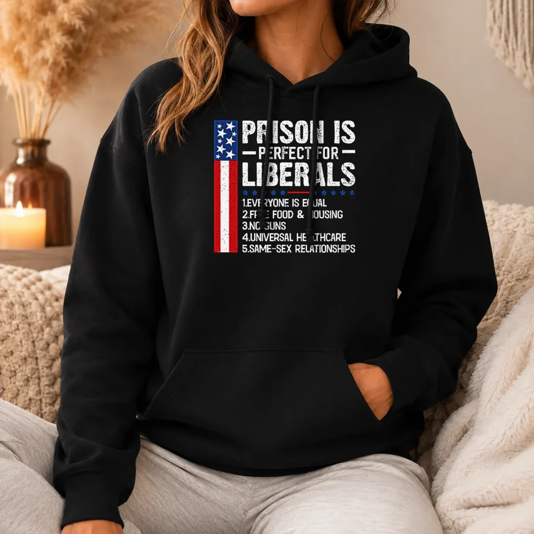 Hot Prison For Liberals Hoodie Hot Prison For Liberals hoodie in black with front graphic print and kangaroo pocket