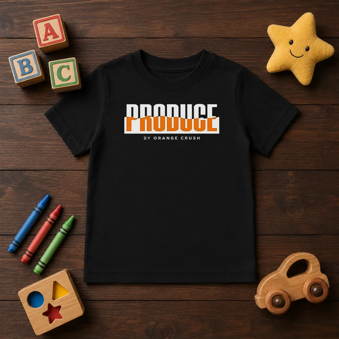 hot-produce-by-orange-crush-logo-kids-t-shirt Hot Produce By Orange Crush Logo Kids T Shirt featuring vibrant orange graphic on a comfortable cotton fabric