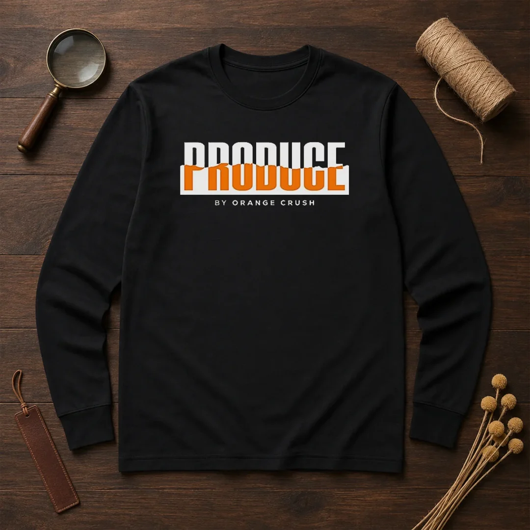 hot-produce-by-orange-crush-logo-long-sleeve-shirt Hot Produce By Orange Crush Logo long sleeve shirt in vibrant orange with bold graphic print
