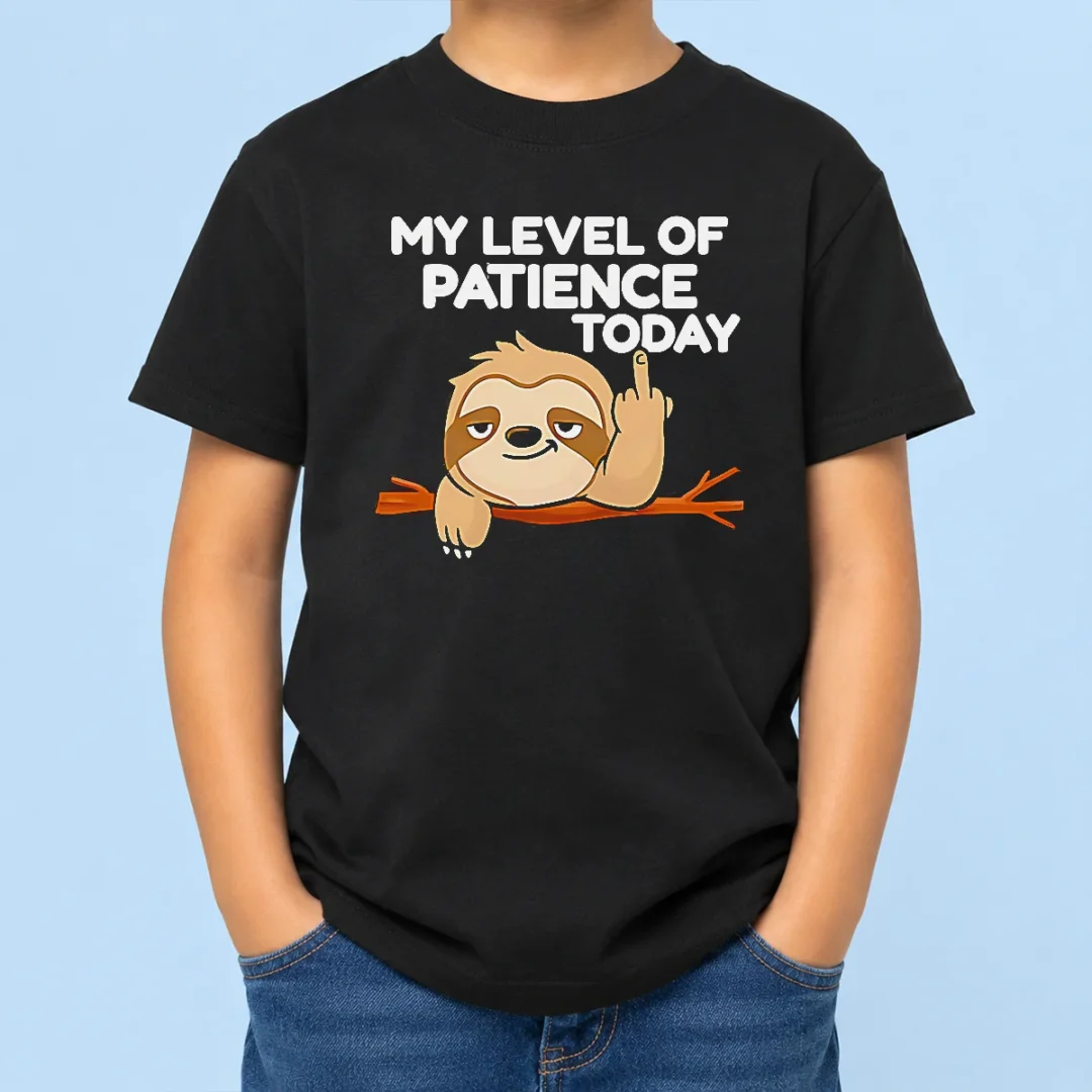 hot-sloth-middle-finger-my-level-of-patience-today-cartoon-kids-t-shirt Hot Sloth Middle Finger My Level Of Patience Today Cartoon kids t shirt featuring a playful sloth graphic