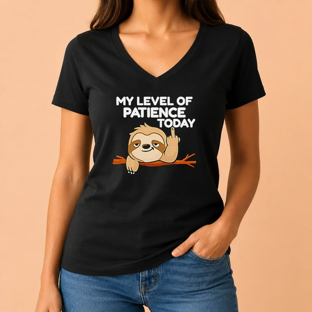 hot-sloth-middle-finger-my-level-of-patience-today-cartoon-v-neck-shirt Hot Sloth Middle Finger My Level Of Patience Today Cartoon V-Neck Shirt