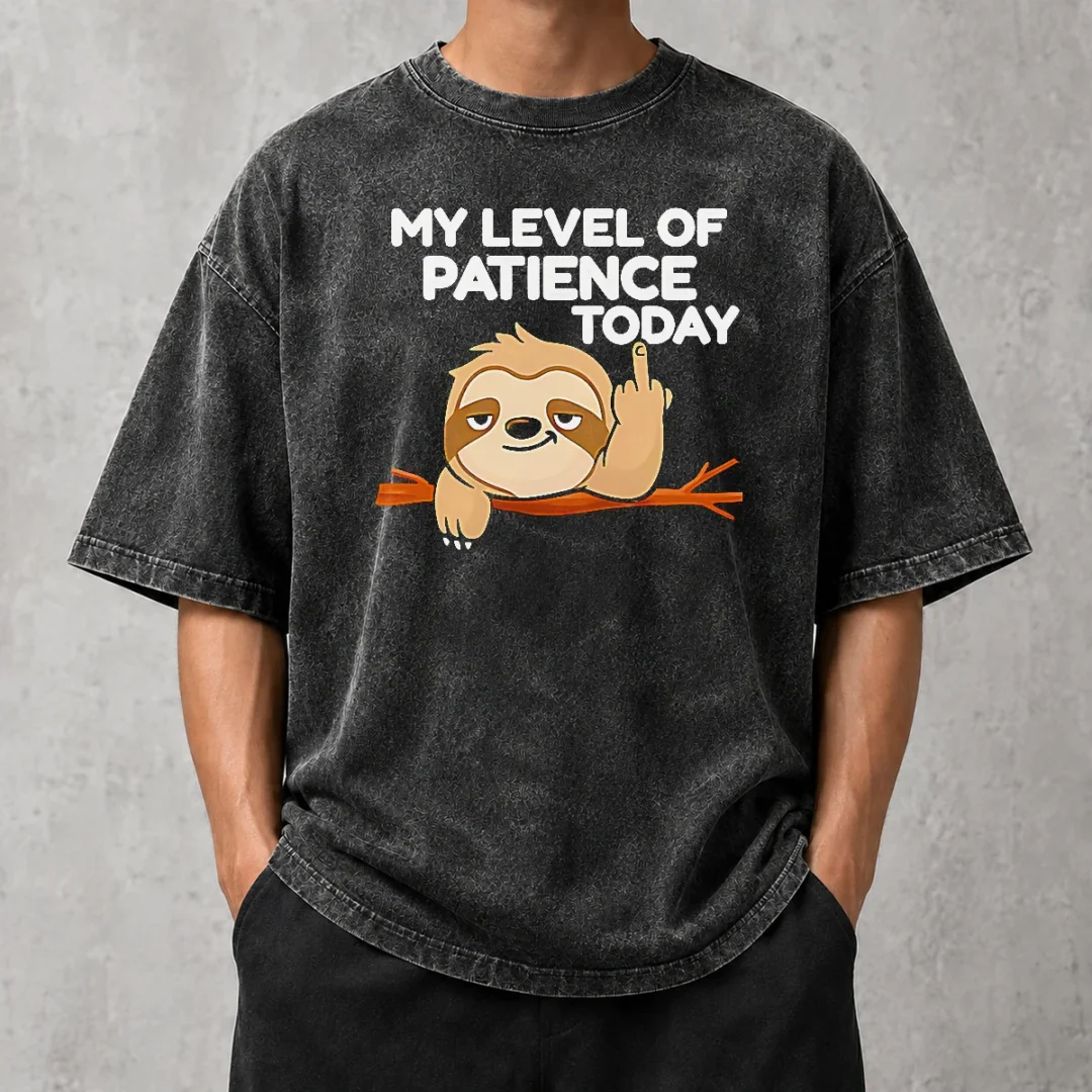 hot-sloth-middle-finger-my-level-of-patience-today-cartoon-washed-t-shirt Hot Sloth Middle Finger My Level Of Patience Today Cartoon printed on a soft washed t shirt in muted tones