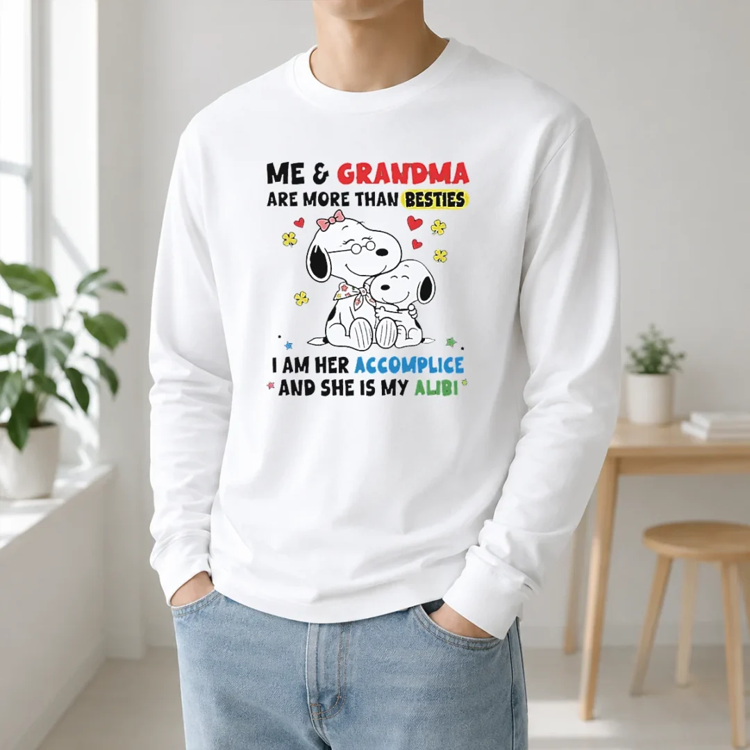 Hot Snoopy Grandma Me And Are More Than Besties I Am Her Accomplice She Is My Alibi Long Sleeve Shirt Hot Snoopy Grandma Me And Are More Than Besties I Am Her Accomplice She Is My Alibi long sleeve shirt in white, front view