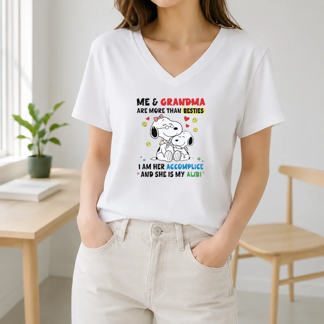 Hot Snoopy Grandma Me And Are More Than Besties I Am Her Accomplice She Is My Alibi V Neck Shirt Hot Snoopy Grandma Me And Are More Than Besties I Am Her Accomplice She Is My Alibi V-Neck Shirt