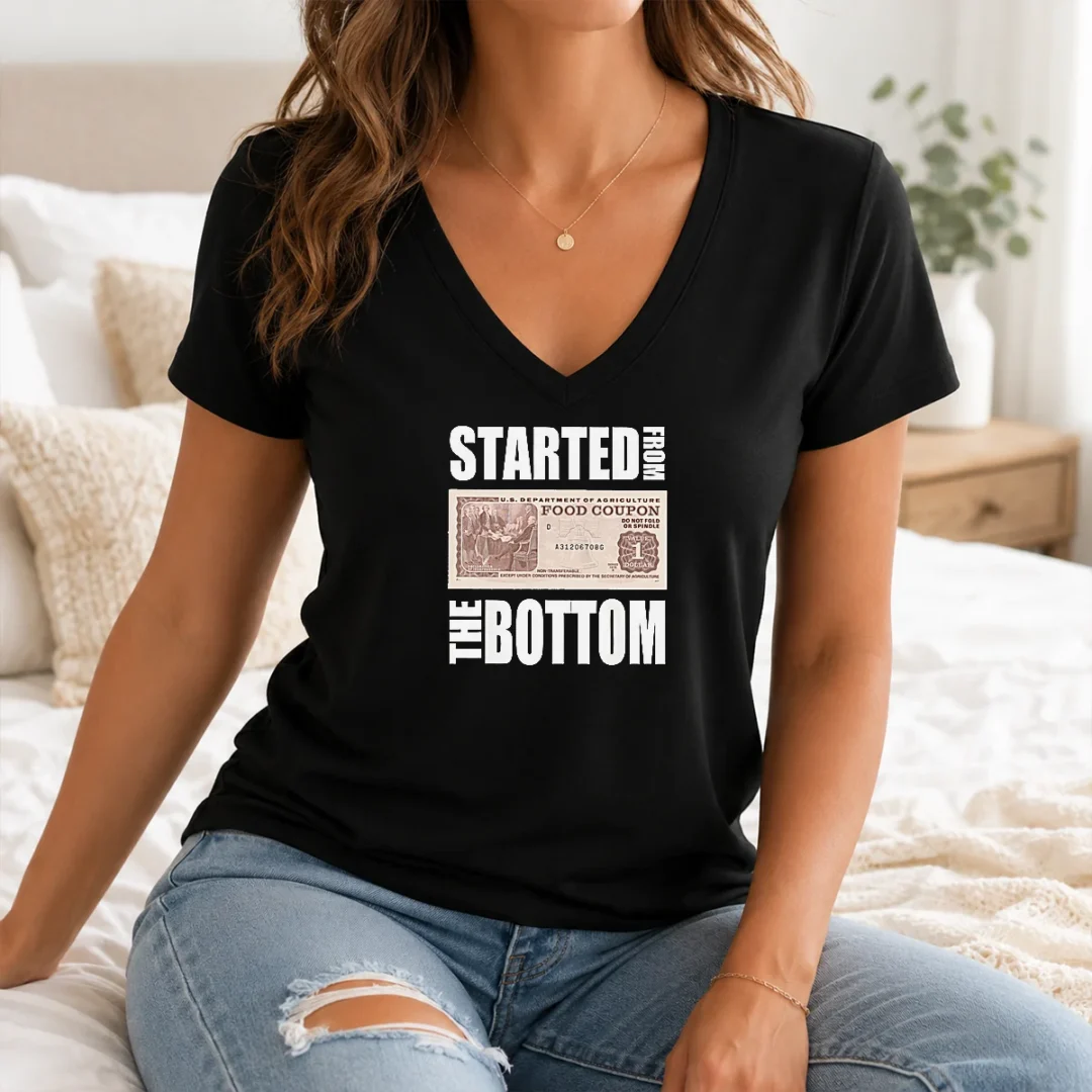 Hot Started From The Bottom Food Coupon Parody Bold Statement Text V Neck Shirt Hot Started From The Bottom Food Coupon Parody Bold Statement Text V-Neck Shirt
