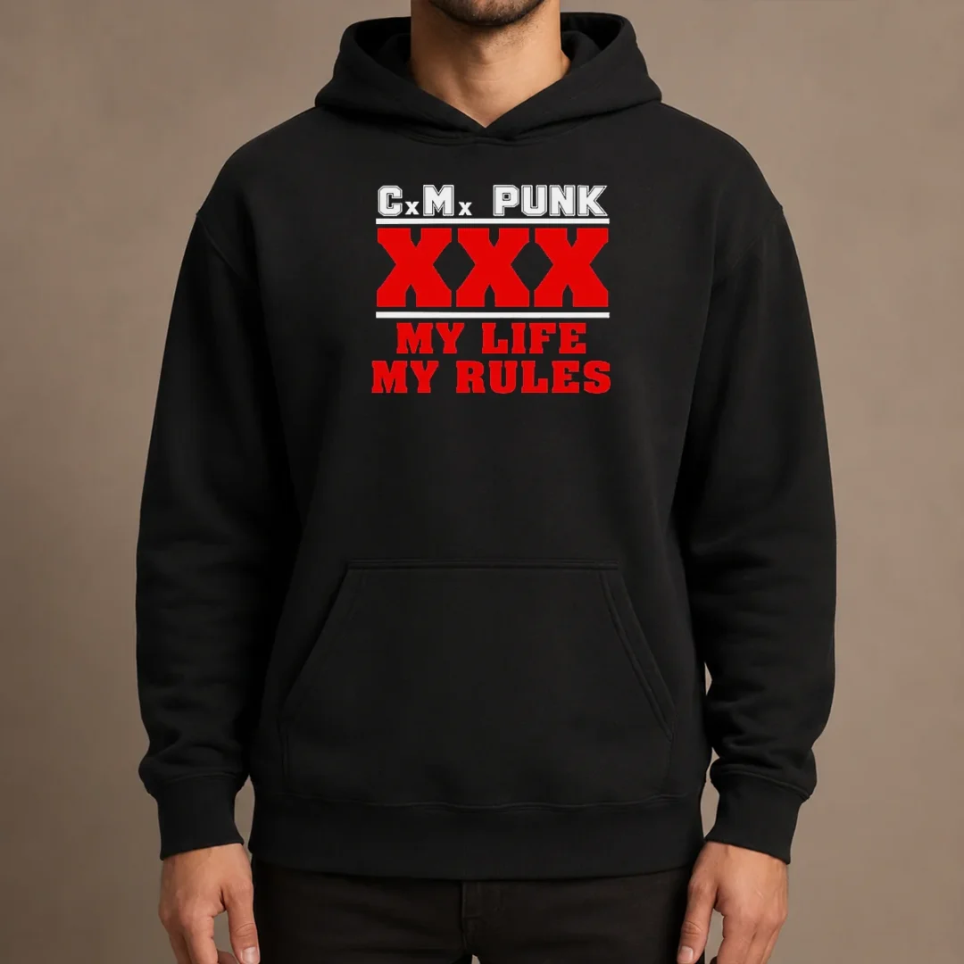 hot-straight-edge-hardcore-cm-punk-xxx-my-life-my-rules-hoodie Hot Straight Edge Hardcore CM Punk XXX My Life My Rules black pullover hoodie with bold graphic print