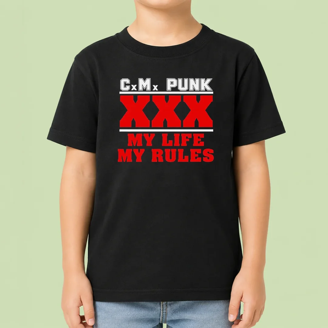 hot-straight-edge-hardcore-cm-punk-xxx-my-life-my-rules-kids-t-shirt Hot Straight Edge Hardcore CM Punk XXX My Life My Rules Kids T Shirt front view with bold graphic print