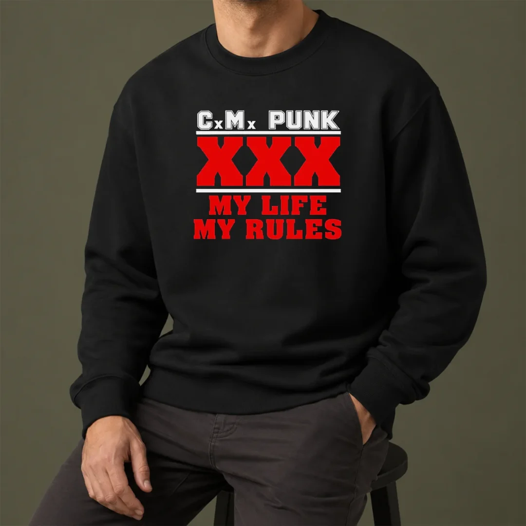 hot-straight-edge-hardcore-cm-punk-xxx-my-life-my-rules-sweater Hot Straight Edge Hardcore CM Punk XXX My Life My Rules sweater in black with bold graphic print