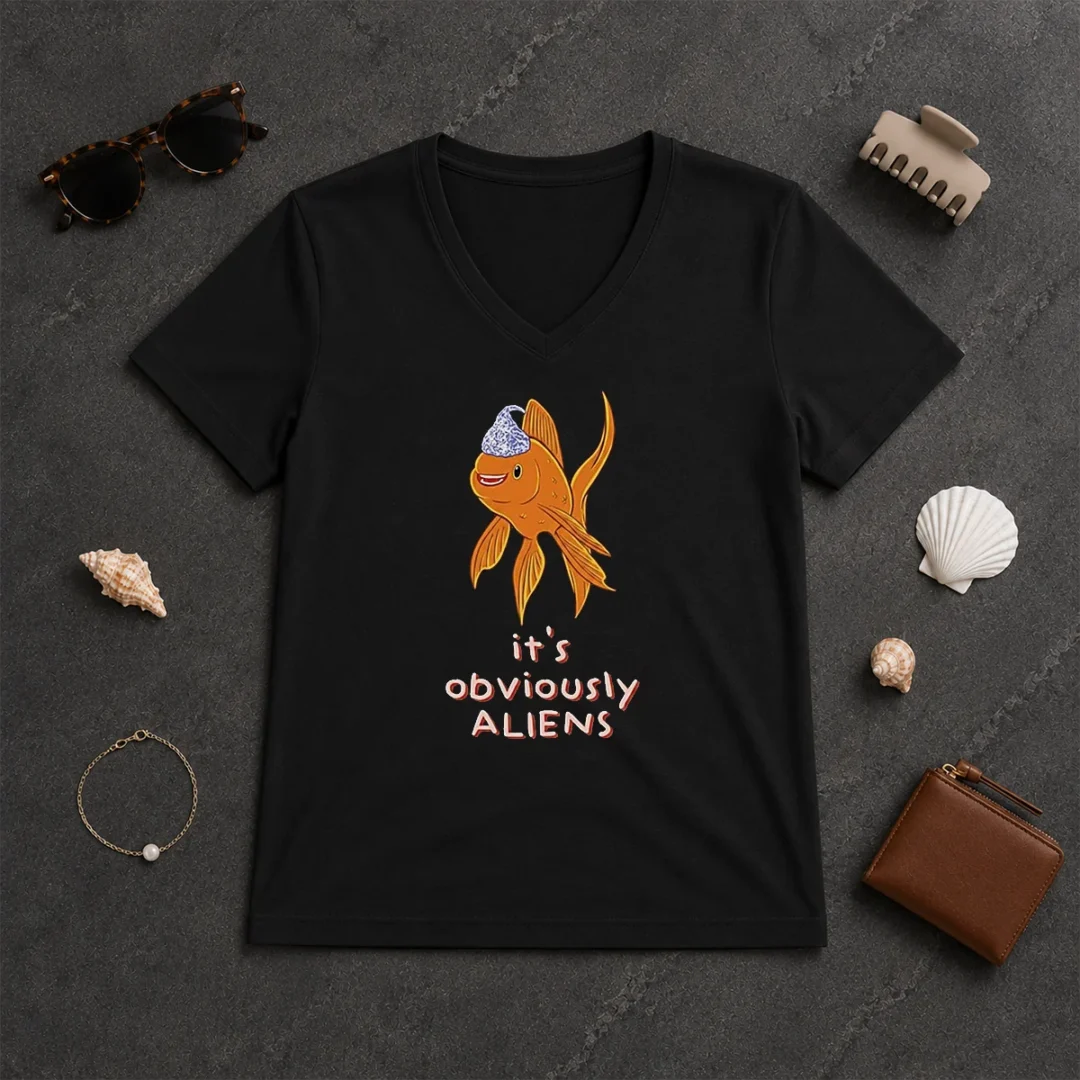 Hot Top Goldfish Wearing Tin Foil Hat It Is Obviously Aliens V Neck Shirt Hot Top Goldfish Wearing Tin Foil Hat It Is Obviously Aliens V-Neck Shirt