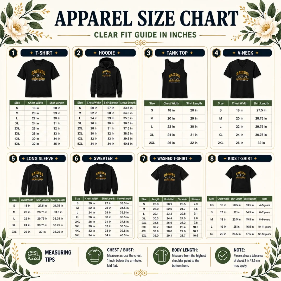 hot-vintage-boston-raiders-hockey-fan-team-spirit-size-chart Size chart for Hot Vintage Boston Raiders Hockey Fan Team Spirit with measurements in inches and cm